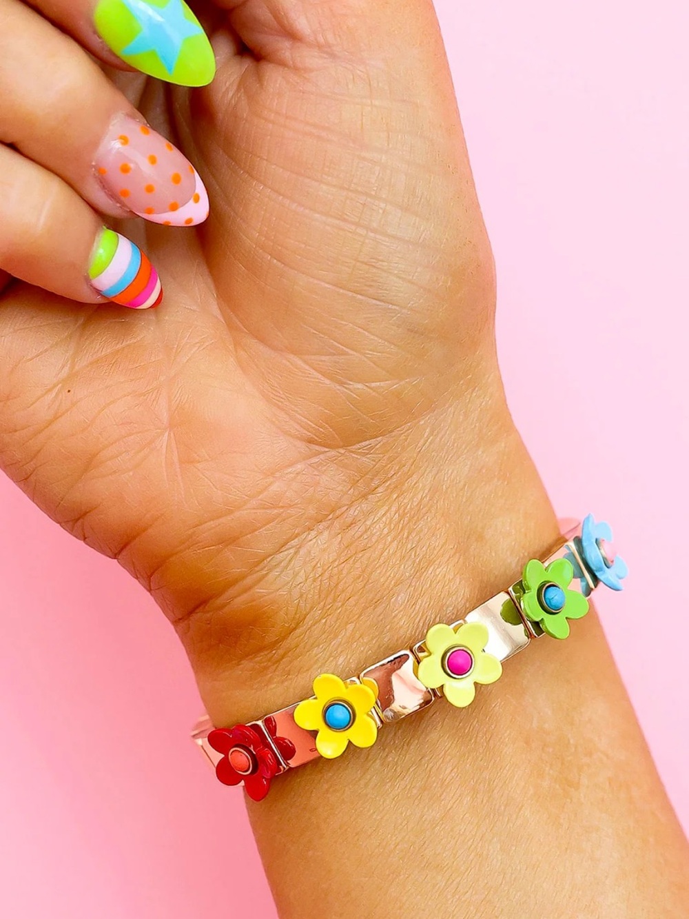 Garden Bracelet Rainbow Flower Link Bracelet - Gold and Multicolor Enamel